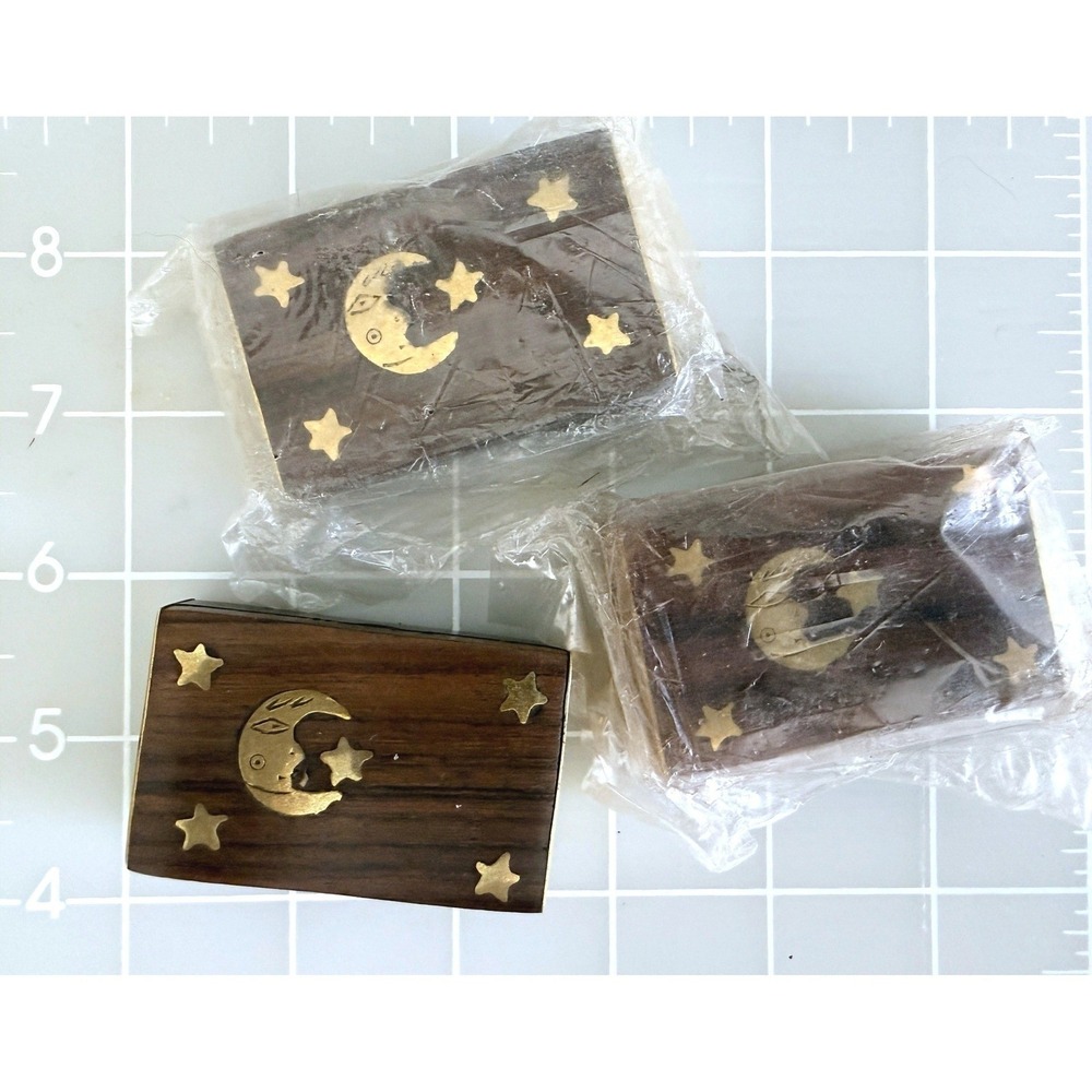 3 Rosewood Trinket Pill Stash Box Moon & Stars 3x2 Brass Accents Vtg India 1970s